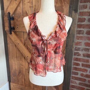 Rebellious Dreamer Sheer Floral Ruffle Tie-Front Top XS Boho Y2K Romantic Blouse